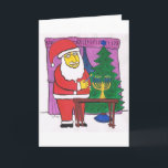 Cartes Pour Fêtes Annuelles Santa Lighting<br><div class="desc">Interfaith greeting card featuring Santa Lighting a Hanukkah Menorah, sur le front de Christmas Tree.</div>
