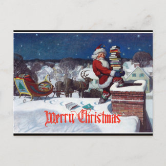 Cartes Pour Fêtes Annuelles Santa livrant une brassée de livres,
