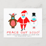 Cartes Pour Fêtes Annuelles Santa Snowman Reindeer Face Mask Peace Out 2020<br><div class="desc">Funny Christmas and New Years holiday postcard celebrating the upcoming end to a rough 2020. "Peace Out 2020 !" dans fun red typographiy You can personalize the "Peace Out",  the holiday greeting (initially set to "Merry Christmas & Cheers to a New Year") and your name.</div>