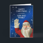 Cartes Pour Fêtes Annuelles Santa waving Christmas card for son & family<br><div class="desc">Un Christmas card featuring Santa Claus waving Behind him we can see fa wflakes. A non religious card suitable for a son & family</div>