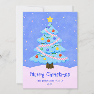 Cartes Pour Fêtes Annuelles Sapin de Noël Bleu et Rose Minimaliste