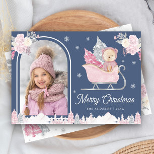 Cartes Pour Fêtes Annuelles Sapin de Noël rose Ourson mignon Arche Photo Bleu