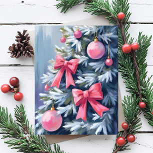 Cartes Pour Fêtes Annuelles Sapin de Noël rose   Rubans Ornements Aquarelle
