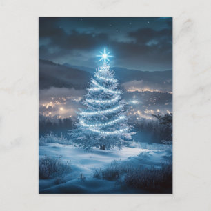 Cartes Pour Fêtes Annuelles Sapin de Noël sous une nuit d'hiver bleue lumineus