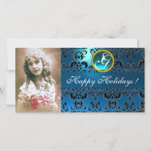 Cartes Pour Fêtes Annuelles Sapphire NOIR ET BLEU DAMASK Monogramme