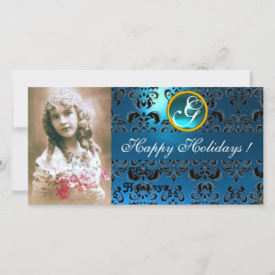 Cartes Pour Fêtes Annuelles Sapphire NOIR ET BLEU DAMASK Monogramme