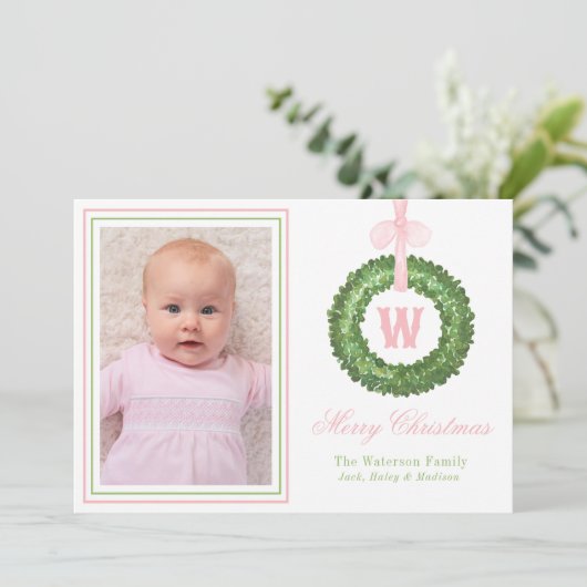 Cartes Pour Fêtes Annuelles Sash rose Bow Noël Monogramme Wreath (Debout devant)
