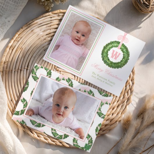 Cartes Pour Fêtes Annuelles Sash rose Bow Noël Monogramme Wreath