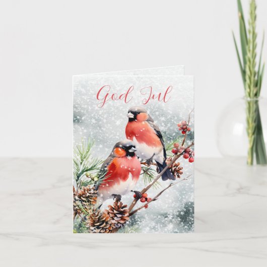 Cartes Pour Fêtes Annuelles Scandi Norwegian Dieu Jul Julefugl Kottar Röda Bär (Devant)