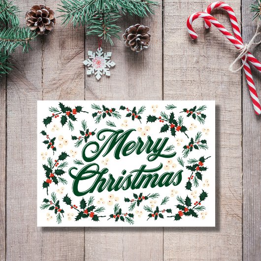 Cartes Pour Fêtes Annuelles Scénario Joyeux Noël Holly Rouge et Vert