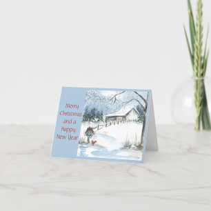 Cartes Pour Fêtes Annuelles Scène de grange d'hiver, couronne sur le poste et