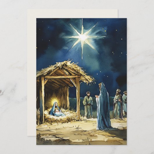 Cartes Pour Fêtes Annuelles Scène de la Nativité à l'aquarelle | Intérieur vie (Devant / Derrière)