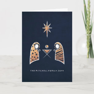 Cartes Pour Fêtes Annuelles Scène de Nativité Iconique Marine et Rose Gold Noë