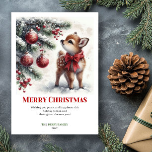 Cartes Pour Fêtes Annuelles Scène de Noël à l'aquarelle avec un bébé faon conf