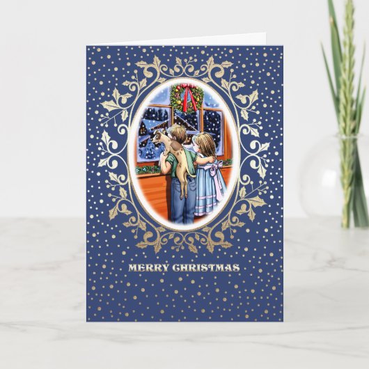 Cartes Pour Fêtes Annuelles Scène de Noël avec Enfants et Chien (Devant)