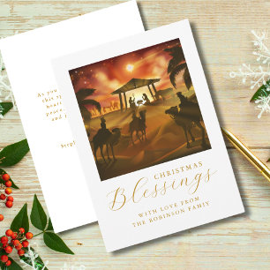 Cartes Pour Fêtes Annuelles Scène de Noël de la Nativité Bénédiction Gold Scri