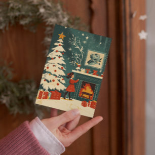 Cartes Pour Fêtes Annuelles Scène de Noël rétro Enfant au coin du feu