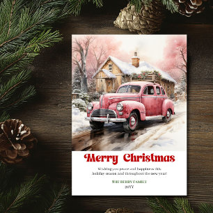 Cartes Pour Fêtes Annuelles Scène de Noël rustique et cosy voiture rose aquare