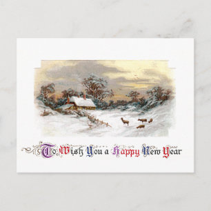 Cartes Pour Fêtes Annuelles Scène de pays avec cerf Nouvel An Vintage