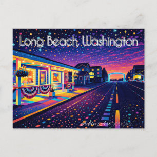 Cartes Pour Fêtes Annuelles Scène de rue nocturne néon de Long Beach Washingto