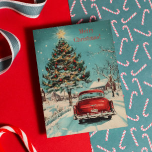 Cartes Pour Fêtes Annuelles Scène de voiture classique rétro de Noël et d'arbr