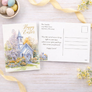Cartes Pour Fêtes Annuelles Scène d'église aux fleurs de printemps Joyeuses Pâ