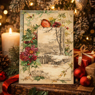 Cartes Pour Fêtes Annuelles Scène d'hiver de l'ère victorienne Oiseau Fleurs N