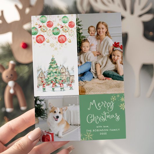 Cartes Pour Fêtes Annuelles Scène d'hiver festive Joyeux Noël Vert 2 Photo