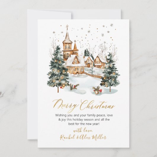 Cartes Pour Fêtes Annuelles Scène hivernale neigeuse Gold Script non photo Noë (Devant)
