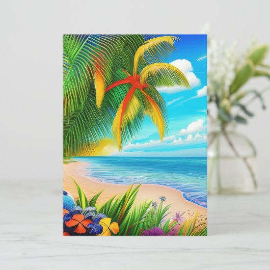 Cartes Pour Fêtes Annuelles Scène Tropical Beach Palm Tree (Debout devant)