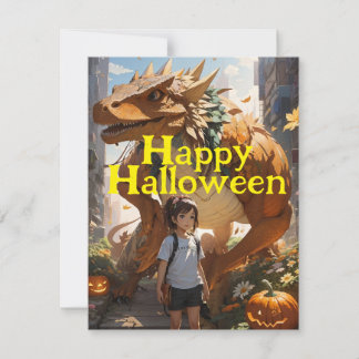 Cartes Pour Fêtes Annuelles Schoolgirl et Dinosaur Halloween ami