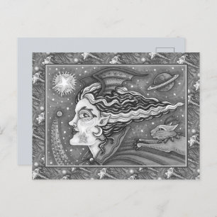 CARTES POUR FÊTES ANNUELLES SCI FI SPACE WITCH & COMET CAT BLK/WHITE HALLOWEEN