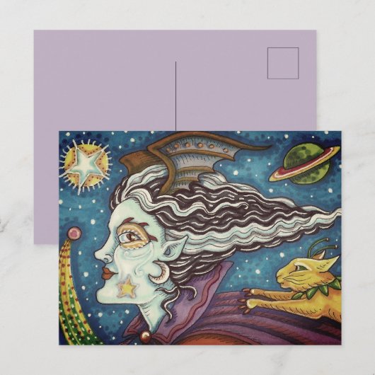 CARTES POUR FÊTES ANNUELLES SCI FI SPACE WITCH & COMET CAT HUMOUR HALLOWEEN (Devant / Derrière)