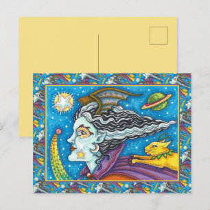 CARTES POUR FÊTES ANNUELLES SCI FI SPACE WITCH & COMET CAT HUMOUR HALLOWEEN