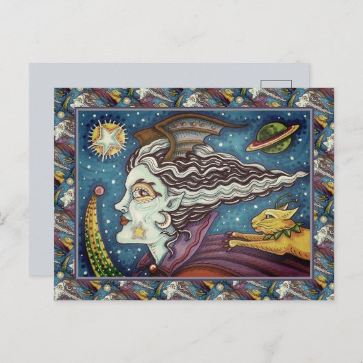 CARTES POUR FÊTES ANNUELLES SCI FI SPACE WITCH & COMET CAT HUMOUR HALLOWEEN (Devant / Derrière)