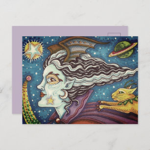 CARTES POUR FÊTES ANNUELLES SCI FI SPACE WITCH & COMET CAT HUMOUR HALLOWEEN