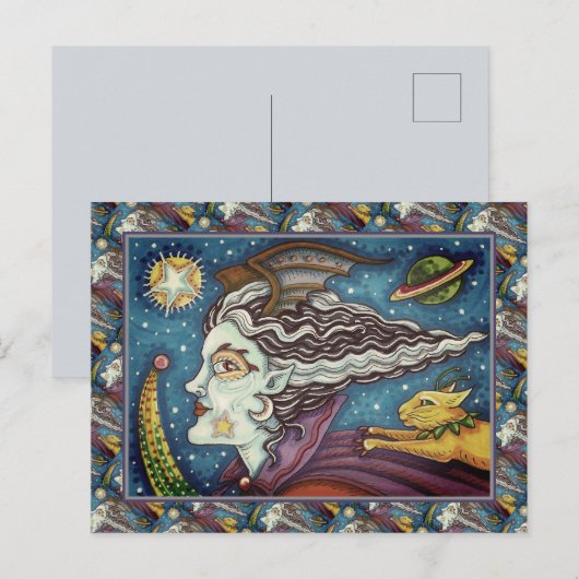 CARTES POUR FÊTES ANNUELLES SCI FI SPACE WITCH & COMET CAT HUMOUR HALLOWEEN (Devant / Derrière)