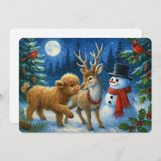 Cartes Pour Fêtes Annuelles Scottish Highland Cow Reindeer & Snowman Christmas (Devant / Derrière)