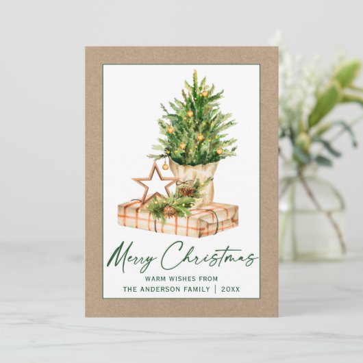 Cartes Pour Fêtes Annuelles Script Calligraphie Encre Kraft Aquarelle Pine Arb (Debout devant)