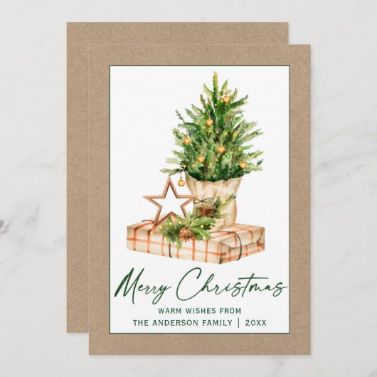Cartes Pour Fêtes Annuelles Script Calligraphie Encre Kraft Aquarelle Pine Arb (Devant / Derrière)