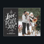 Cartes Pour Fêtes Annuelles Script Chalkboard Love Peace and Joy Lettering<br><div class="desc">Love,  peace and joy. Send holiday greetings and wishes to family and friends with this rustic Christmas postcard. It features a rustic chalk script with a faux chalkboard background. Personalize by adding photos,  names,  messages and addresses. This rustic Christmas photo postcard is perfect for this holiday season.</div>