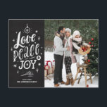 Cartes Pour Fêtes Annuelles Script Chalkboard Love Peace and Joy Lettering<br><div class="desc">Love,  peace and joy. Send holiday greetings and wishes to family and friends with this rustic Christmas postcard. It features a rustic chalk script with a faux chalkboard background. Personalize by adding photos,  names,  messages and addresses. This rustic Christmas photo postcard is perfect for this holiday season.</div>