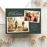 Cartes Pour Fêtes Annuelles Script classique Joyeux Noël deux photo vert<br><div class="desc">Envoyez la joie de Noël cette année avec cette simple et élégante carte verte de vacances à deux photos. Le beau traitement de type Joyeux Noël est jumelé avec deux photos de style scrapbook. La carte de fête comporte également un espace pour un message personnalisé au-dessus du nom et de...</div>