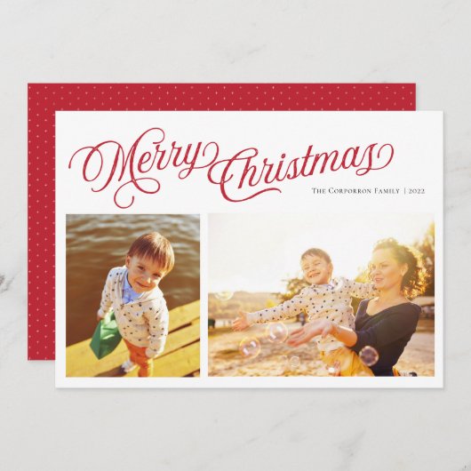 Cartes Pour Fêtes Annuelles Script classique Joyeux Noël | Red 2 photo Holid (Devant / Derrière)