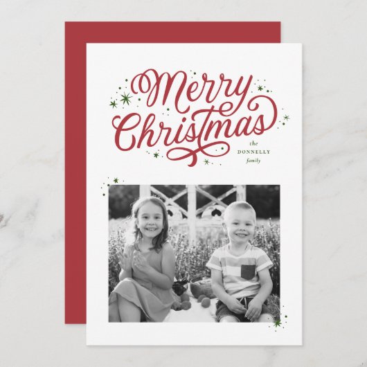 Cartes Pour Fêtes Annuelles Script classique Joyeux Noël rouge et vert (Devant / Derrière)