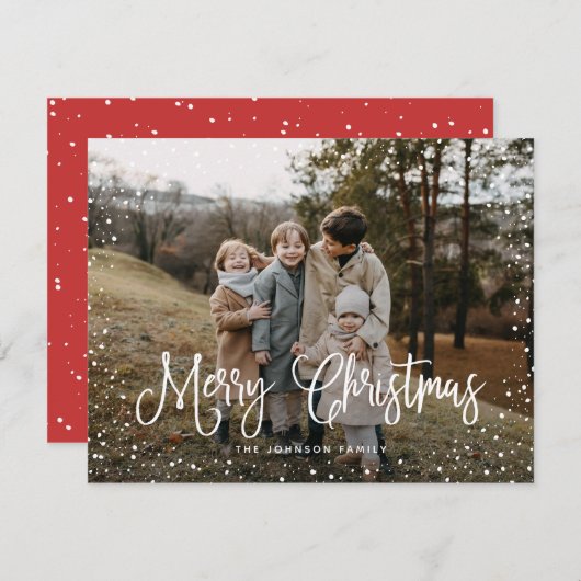 Cartes Pour Fêtes Annuelles Script de neige moderne 2 photo (Devant / Derrière)