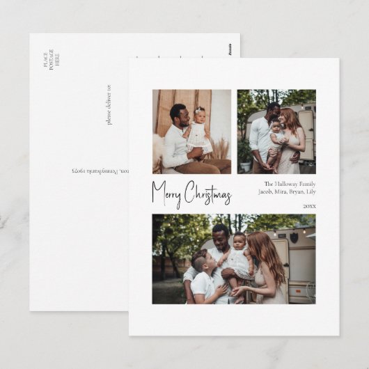 Cartes Pour Fêtes Annuelles Script de Noël moderne centré sur trois photos (Devant / Derrière)