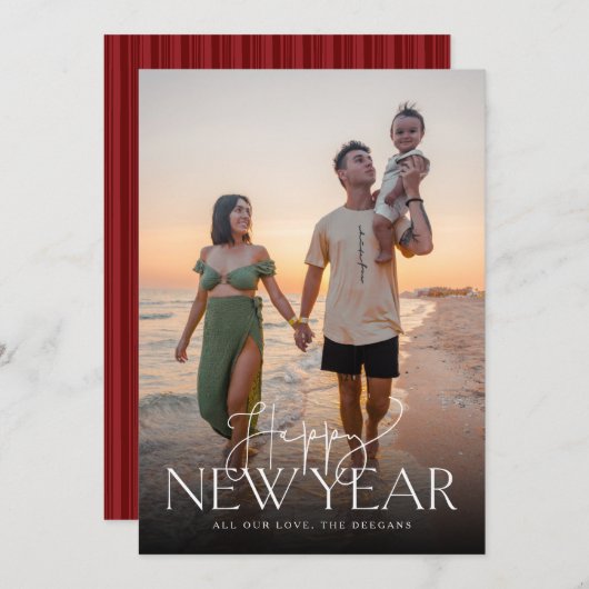 Cartes Pour Fêtes Annuelles Script et Sans Flat New Years Card Vertical (Devant / Derrière)