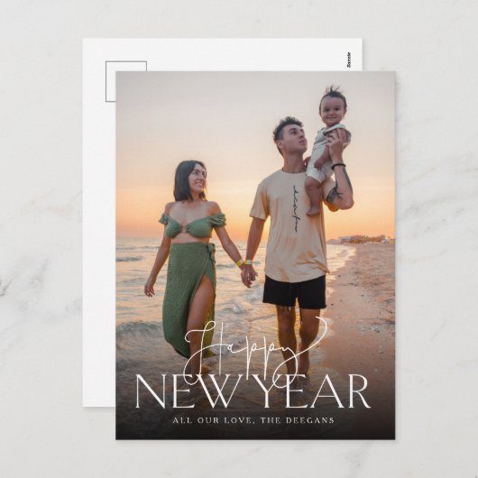 Cartes Pour Fêtes Annuelles Script et Sans Flat New Years Postcard Vertical (Devant / Derrière)