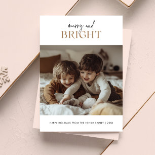 Cartes Pour Fêtes Annuelles Script Gold Merry & Bright Christmas Kids Photo